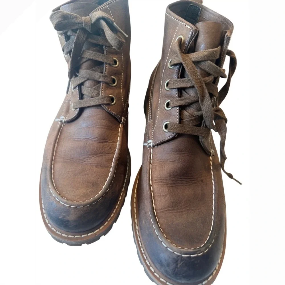 John‎ Varvatos Boots Mens Brown Leather Moc Toe Lug Sole Distressed Lace Up